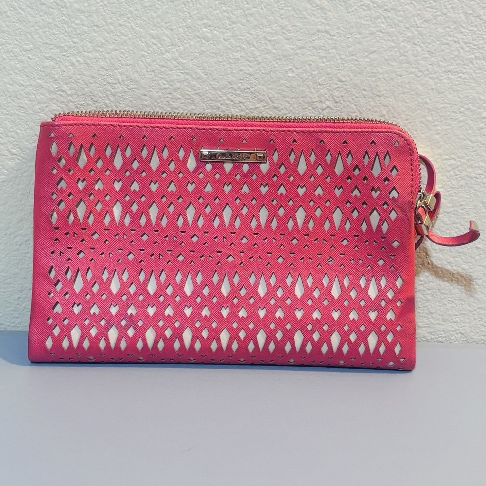 Stella & Dot Laser Cut Coral Zip Snap Clutch Wallet Hello Beautiful Mirror Clean